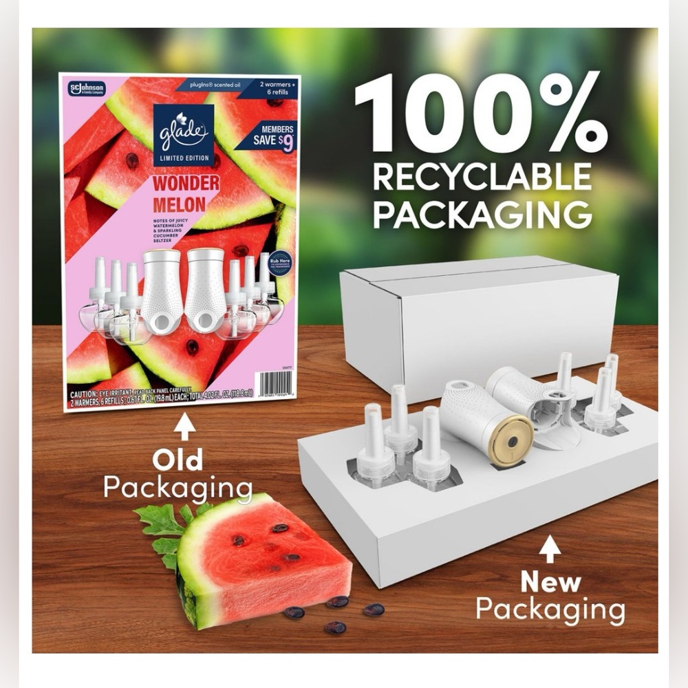 Glade Plugins Scented Oil Wonder Melon Package with 2 Warmers Units & 6 Refills